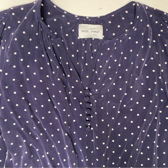 Anthro Maria Stanley 100% Silk Polka Dot Popover Blouse Blue Medium - Picture 2 of 8